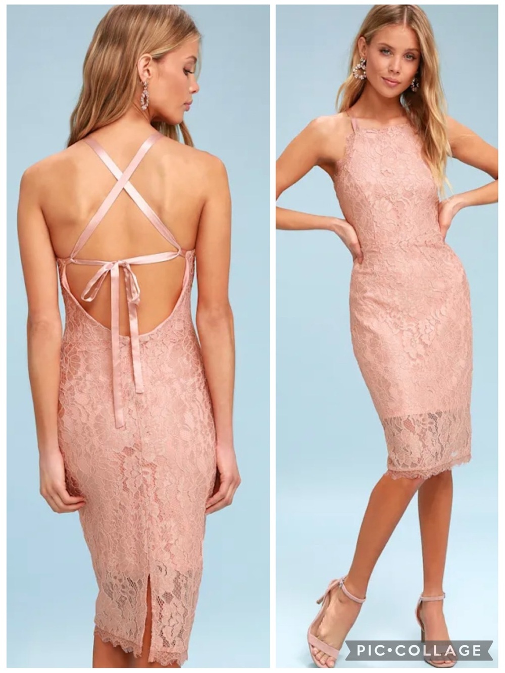 Lulus Wishful Wonderings Dress Blush Pink Lace Bodycon Halter Midi M (6/8)